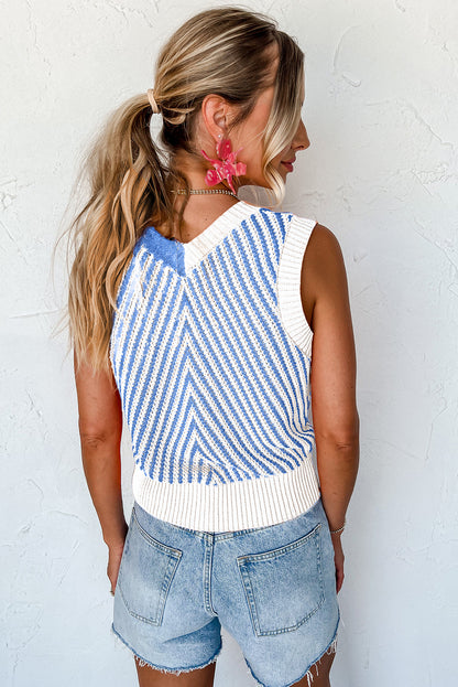 Sky Blue Contrast Chevron Knit V Neck Sweater Vest