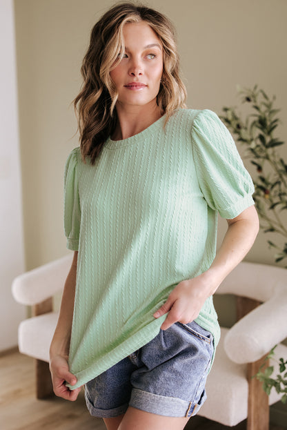 Mist Green Textured Round Neck Short Puff Sleeve Top