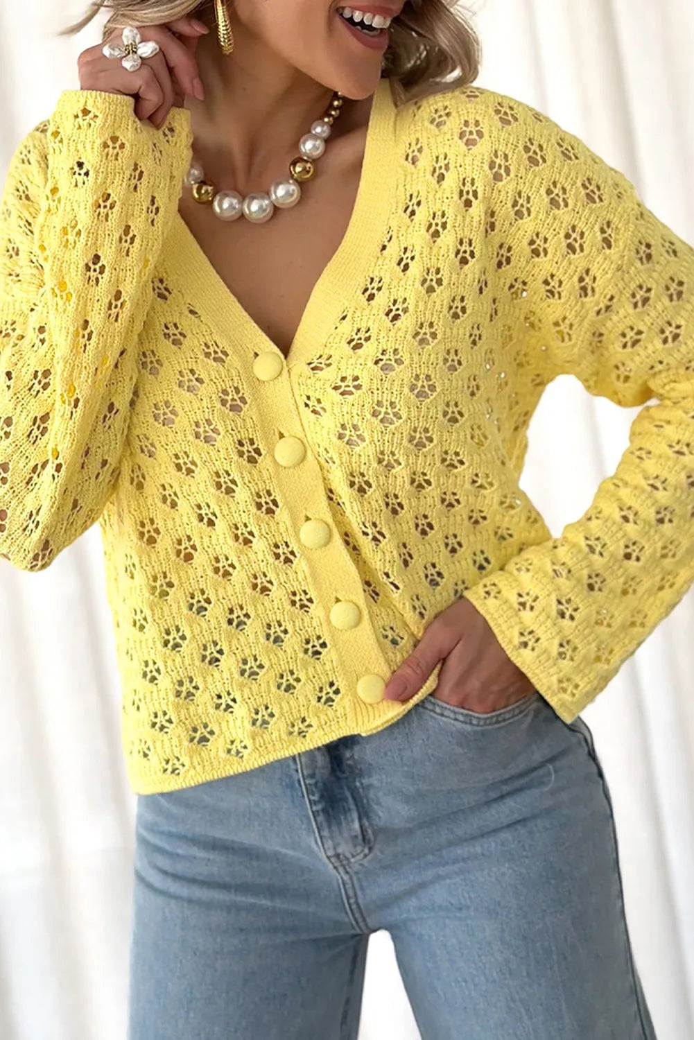 Yellow Pointelle Knit V Neck Sweater Cardigan - Chic Meadow Boutique 