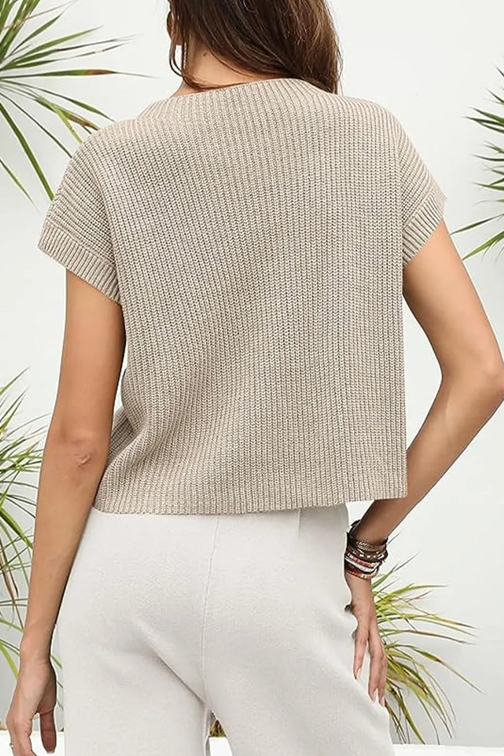 Pale Khaki Patch Pocket Short Sleeve Sweater - Chic Meadow Boutique 