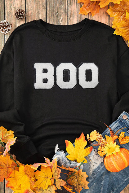 Black Chenille BOO Patched Pattern Crewneck Halloween Sweatshirt - Chic Meadow Boutique 