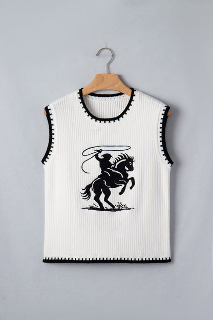 White Contrast Trim Round Neck Rodeo Cowboy Sweater Vest