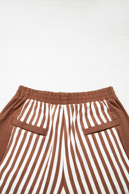 Brown Stripe Color Block Patchwork Quarter Zip Pullover Sporty Shorts Set