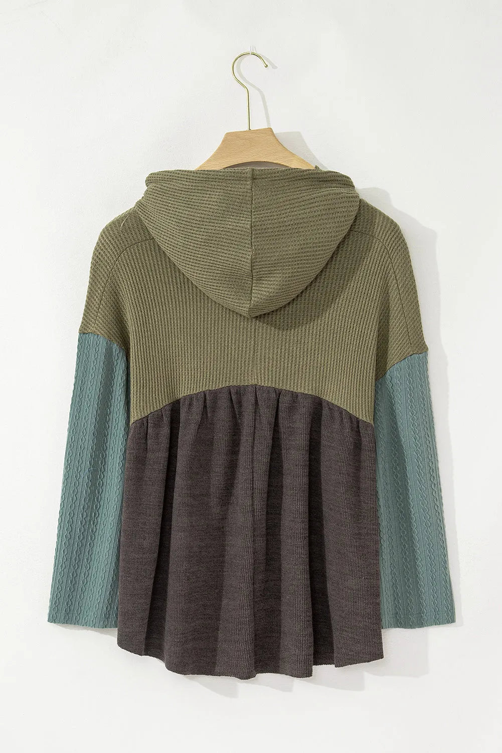 Laurel Green Mixed Textured Colorblock Patchwork Wide Sleeve Frayed High Low Hooded Top - Chic Meadow Boutique 