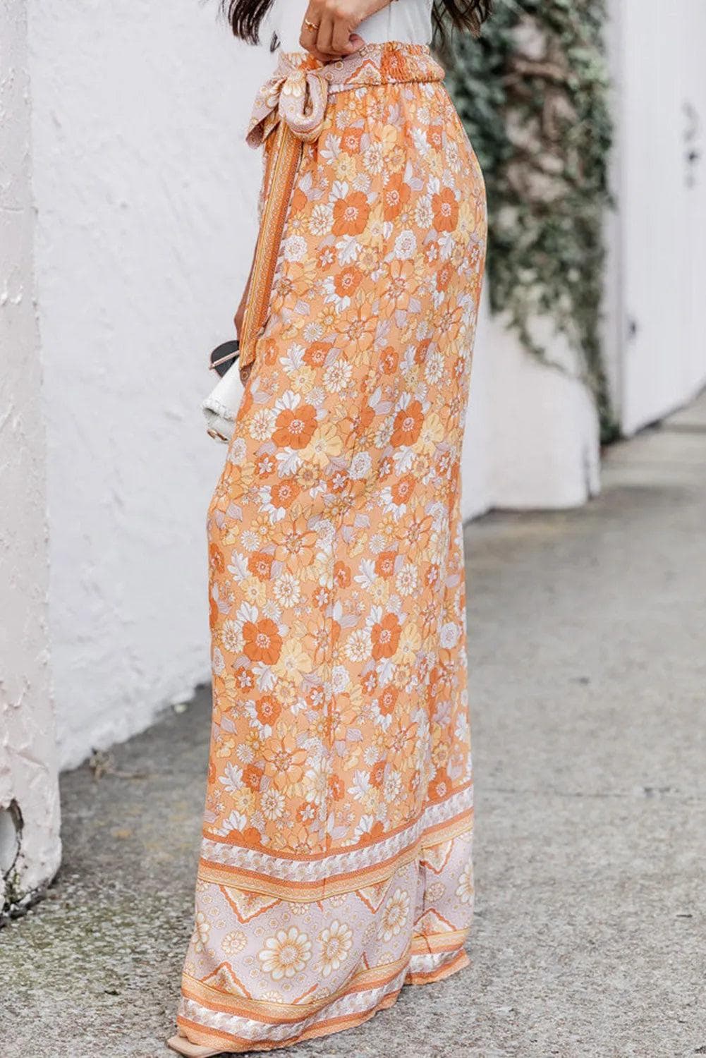 Bottoms/Pants & Culotte Grapefruit Orange Tie Waist Boho Floral Wide Leg Pants