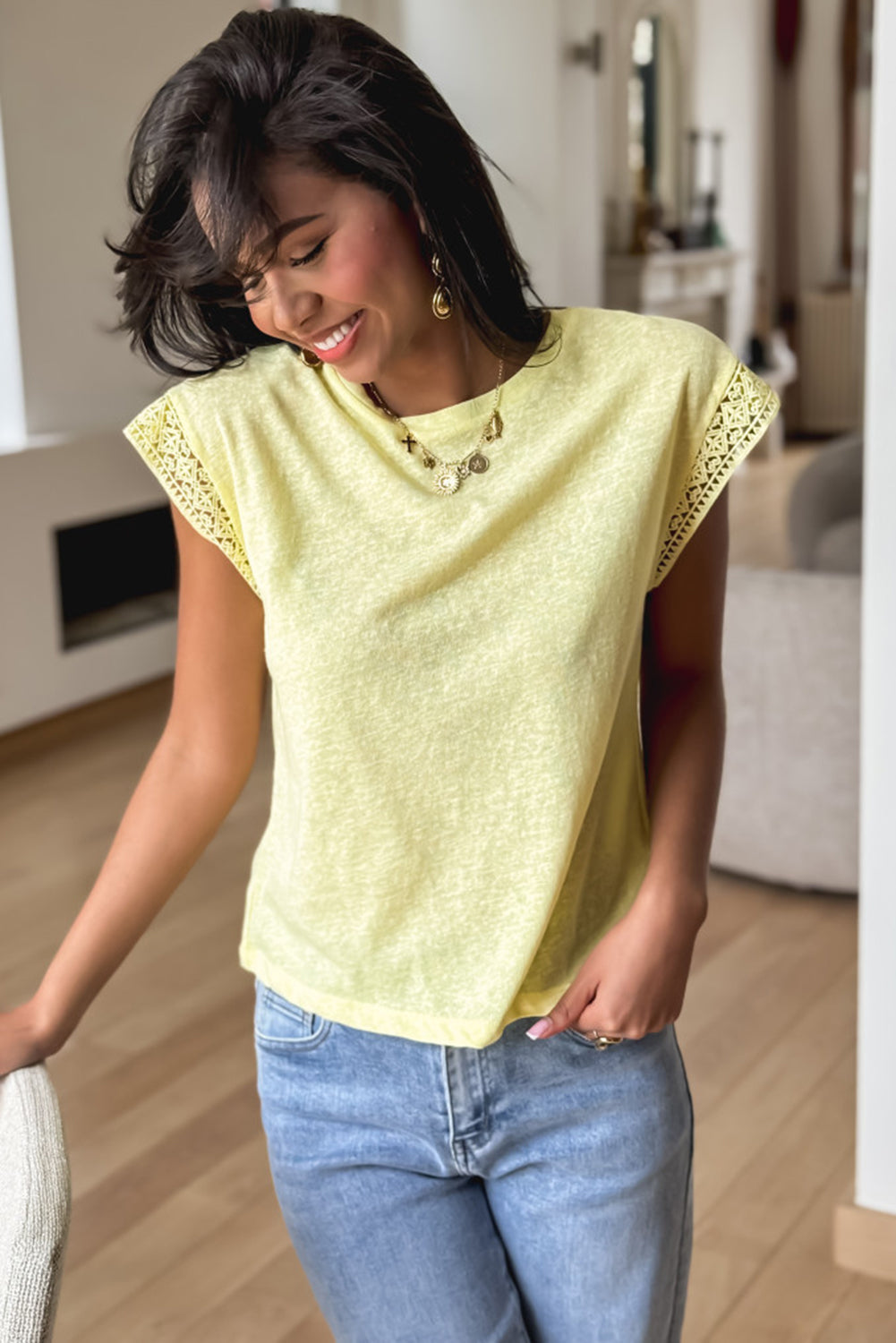 Yellow Cream Lace Patchwork Cap Sleeve Round Neck T Shirt