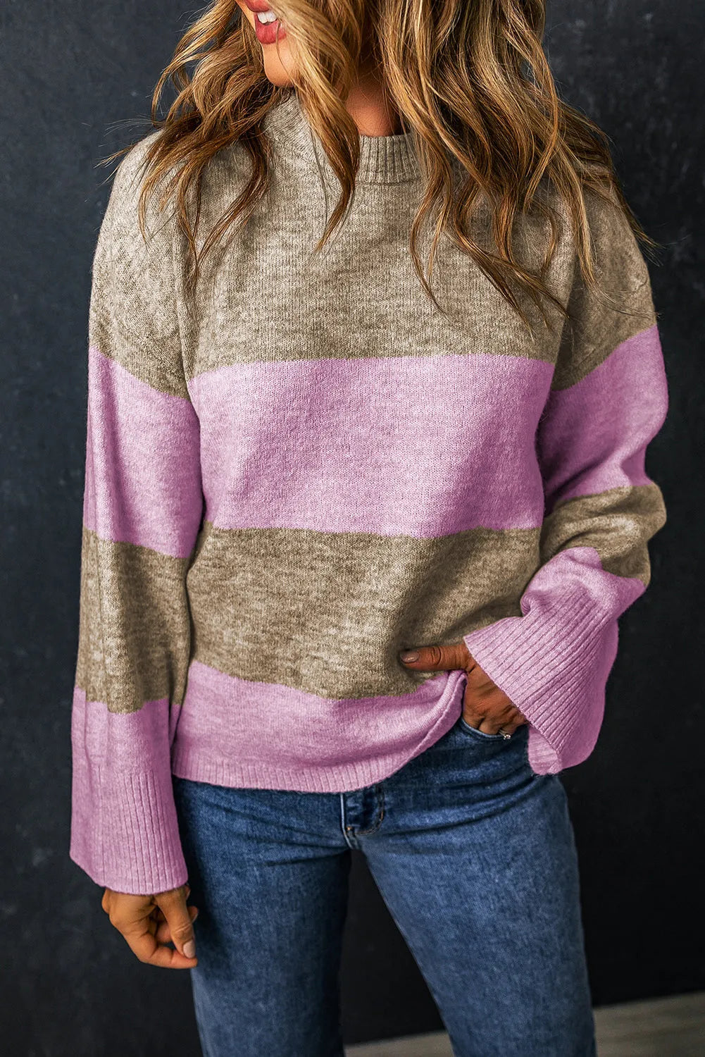 Rose Stripe Crew Neck Wide Sleeve Colorblock Sweater - Chic Meadow Boutique 