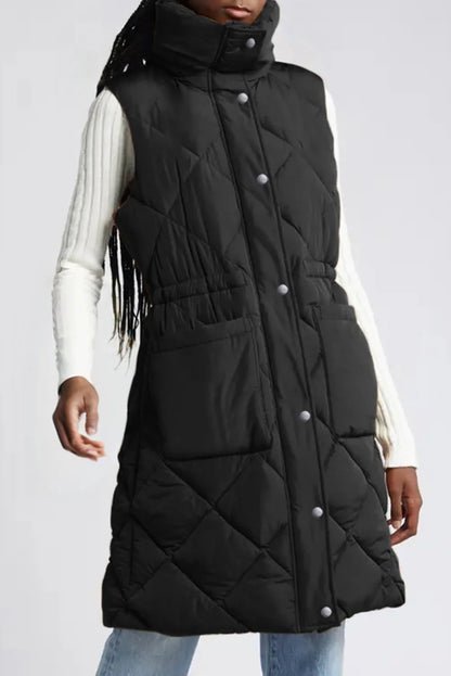 Black Longline Quilted Stand Collar Puffer Vest - Chic Meadow Boutique 