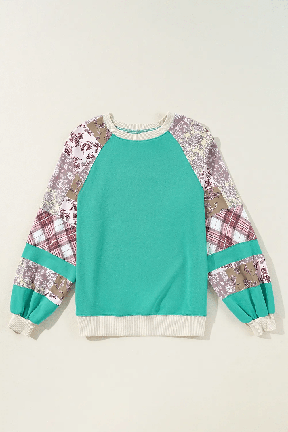 Tops/Long Sleeve Tops Aruba Blue / S / 70%Polyester+30%Cotton Aruba Blue Plaid Vintage Paisley Patchwork Long Sleeve Raglan Top