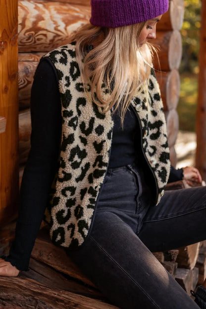 Black Leopard Print Sherpa Vest Coat - Chic Meadow Boutique 