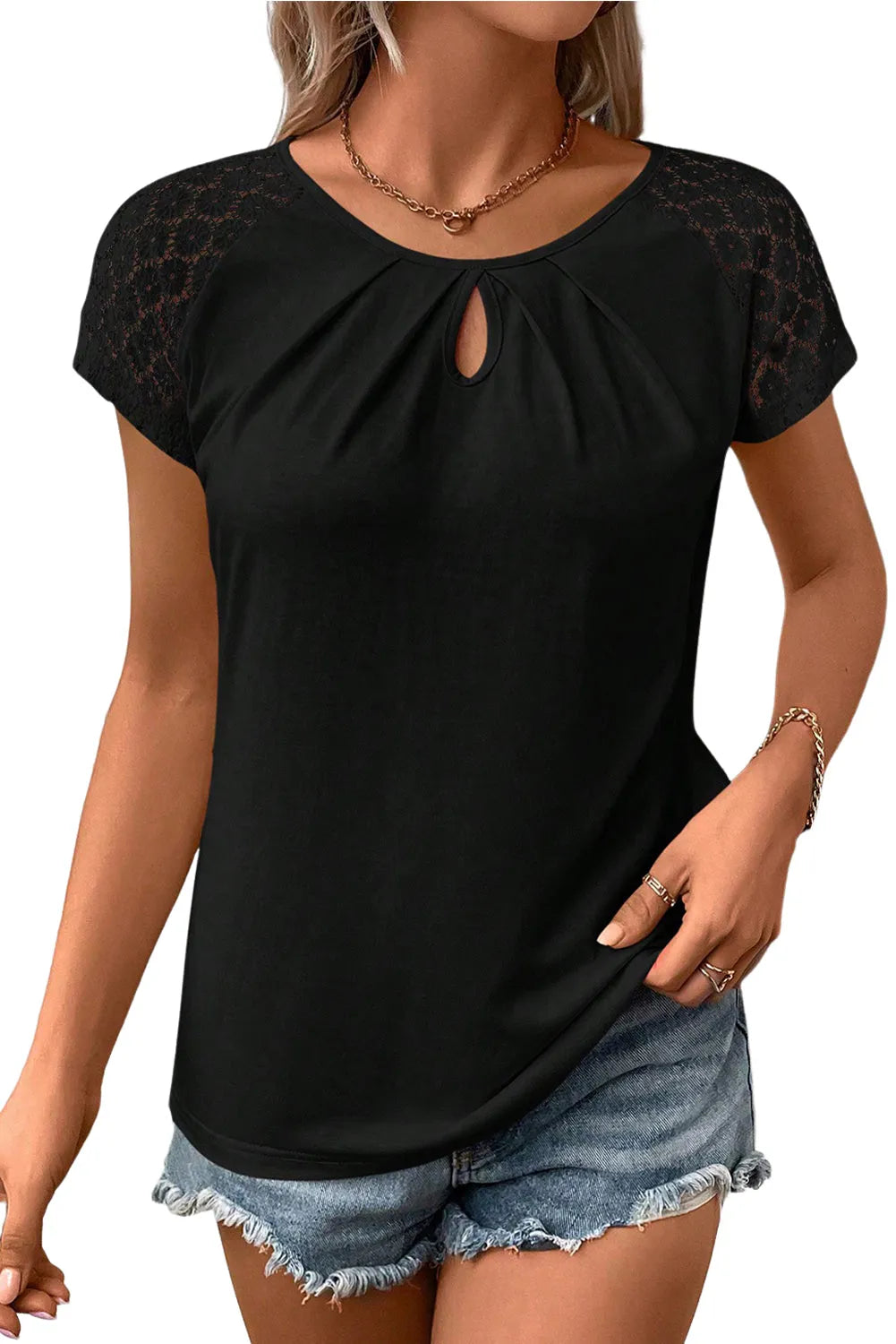 Black Contrast Lace Sleeve Keyhole Decor Top - Chic Meadow Boutique 