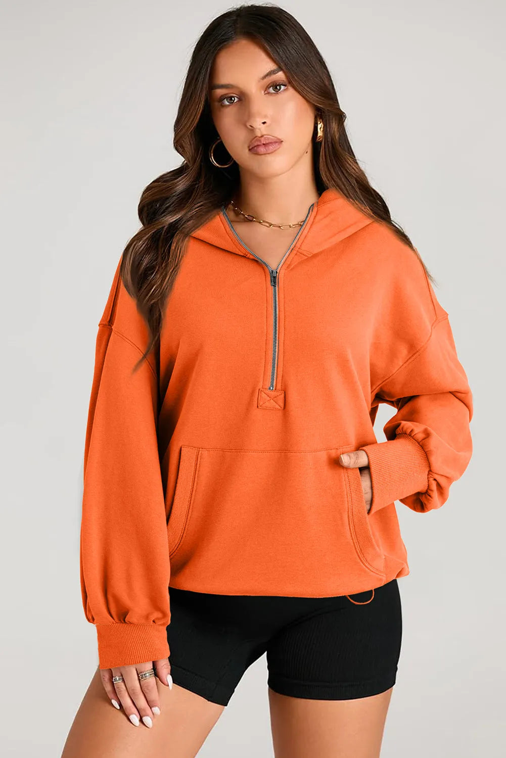 Orange Solid Kangaroo Pocket Half Zipper Oversized Hoodie - Chic Meadow Boutique 