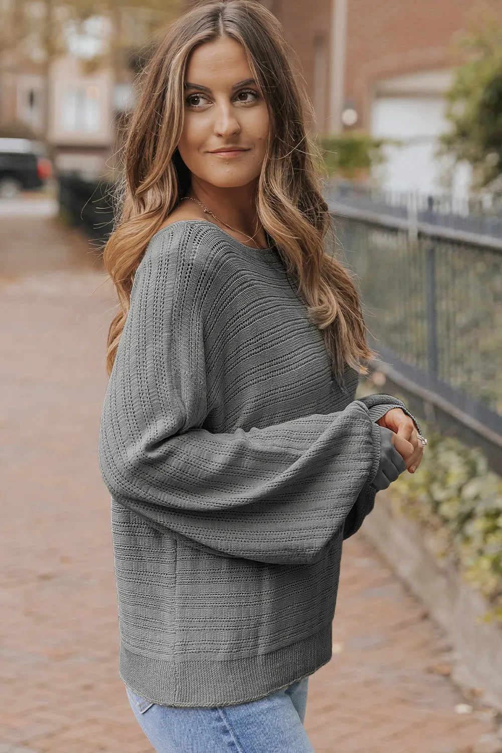 Dark Grey Lantern Sleeve Eyelets Textured Knit Sweater - Chic Meadow Boutique 