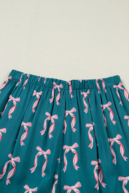 Green Ribbon Bow Print Silky Long Sleeve Shirt and Shorts 2pcs Pajama Set