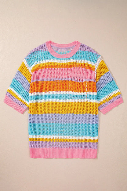 Pink Stripe Plus Size Open Knit Patch Pocket Short Sleeve Sweater - Chic Meadow Boutique 