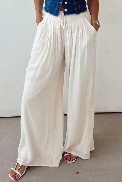 White Casual Tie Waist Pleated Wide Leg Pants