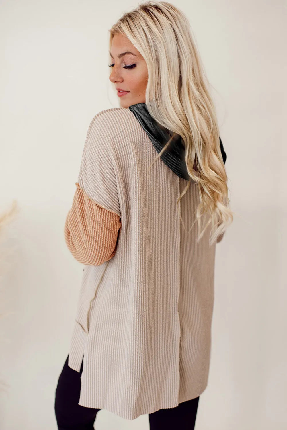 Smoke Gray Color Block High Low Textured Hoodie - Chic Meadow Boutique 