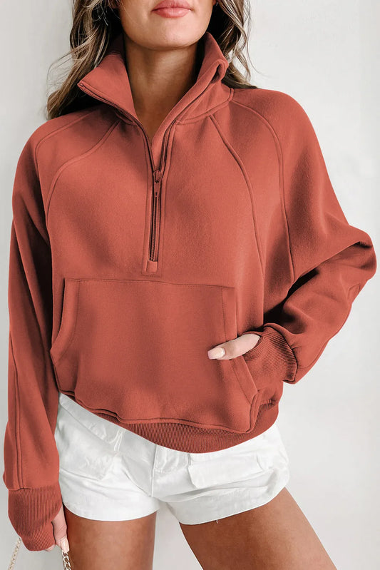 Flamingo Fleece Lined Zip Up Stand Collar Thumbhole Sleeve Sweatshirt - Chic Meadow Boutique 