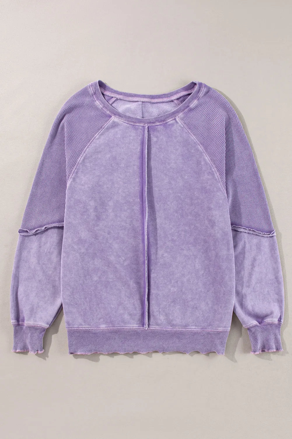 Orchid Petal Solid Waffle Knit Patchwork Raglan Sleeve Sweatshirt - Chic Meadow Boutique 