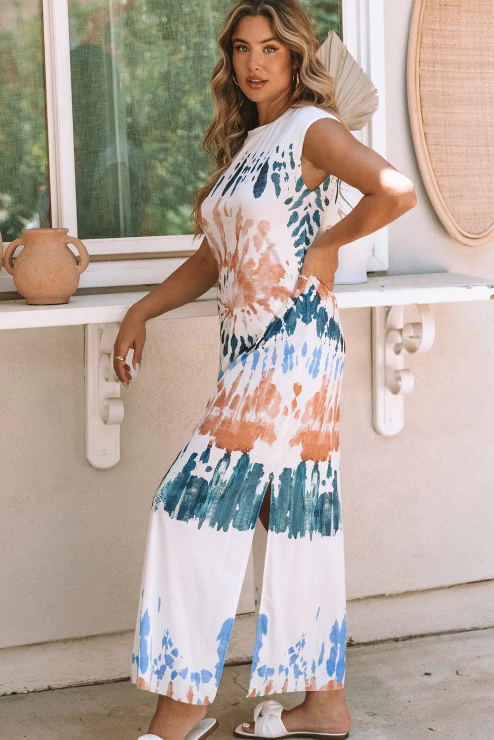 White Cap Sleeve Tie Dye Long Slit Dress - Chic Meadow Boutique 