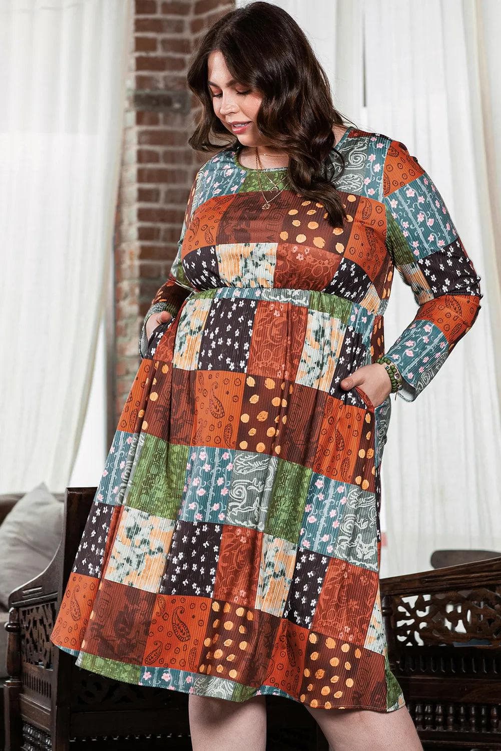 Plus Size/Plus Size Dresses/Plus Size Maxi Dresses Green Printed Multicolor Western Checkered Plus Size Swing Dress