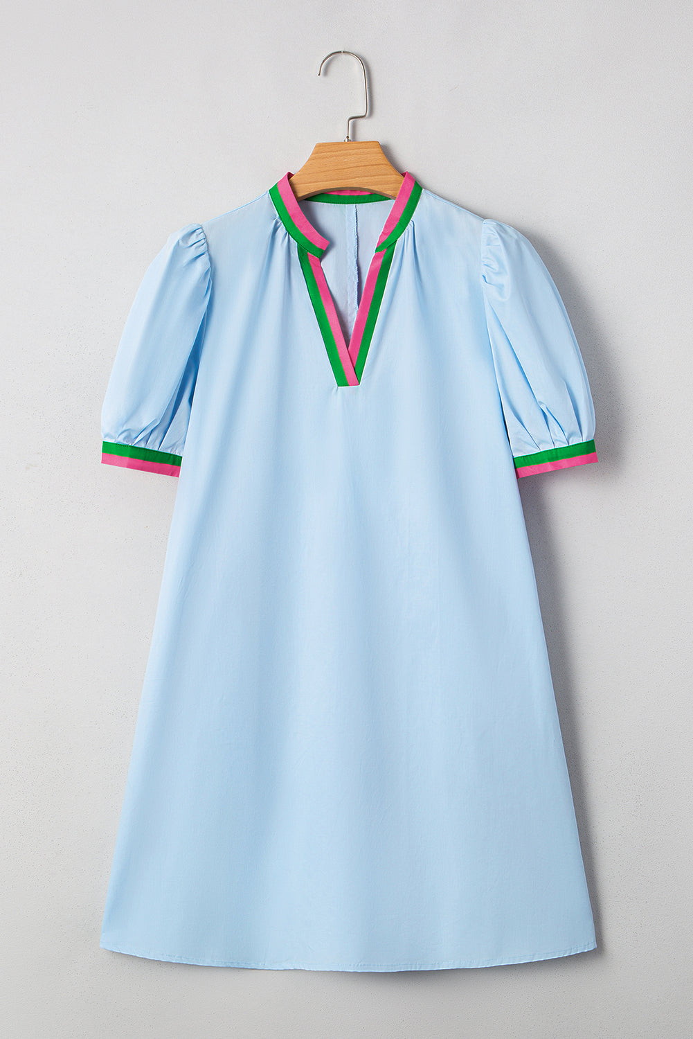 Myosotis Contrast Striped Notched V Neck Puff Sleeve Mini Dress