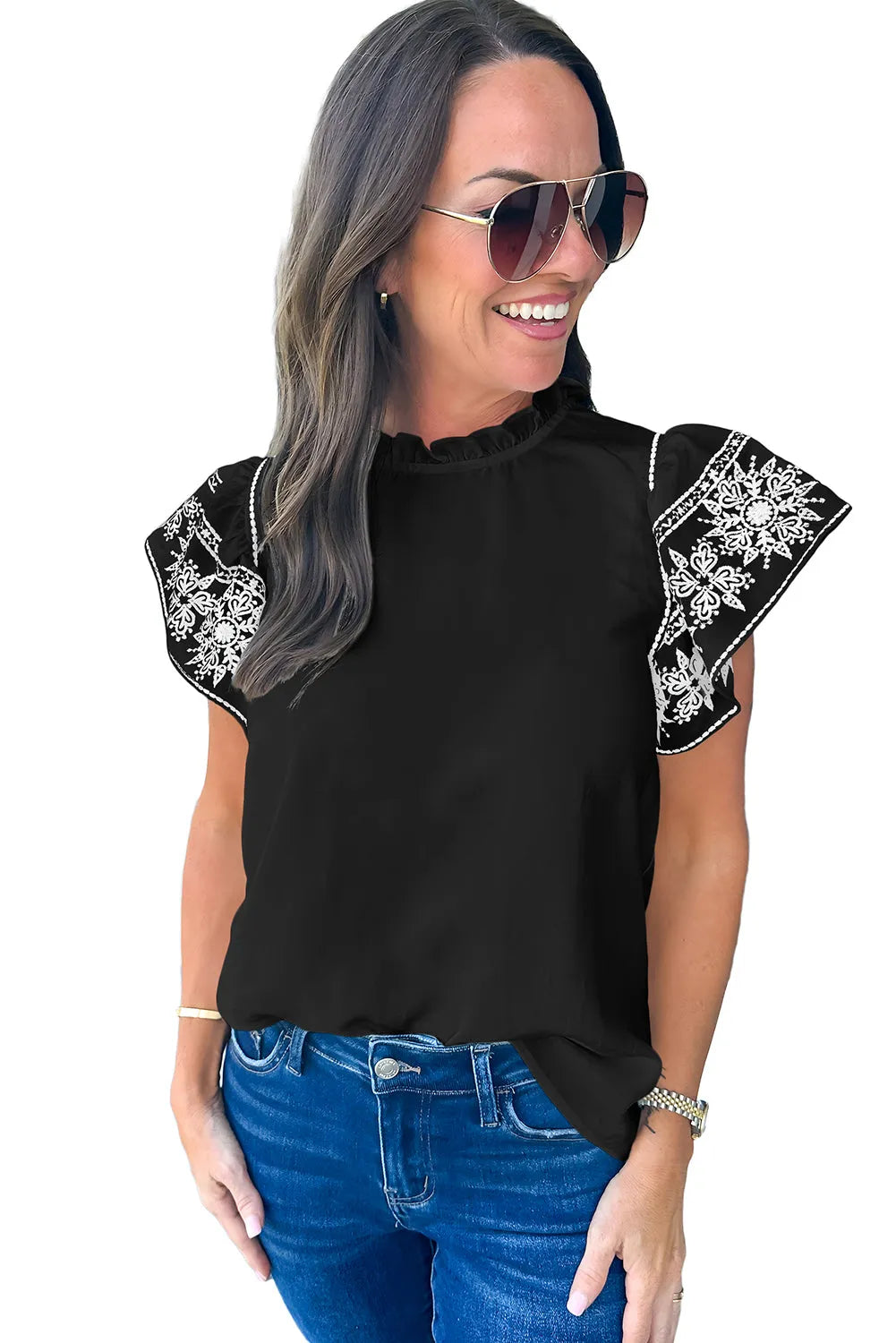 Black Embroidered Ruffled Sleeve Frilled Collar Blouse - Chic Meadow Boutique 