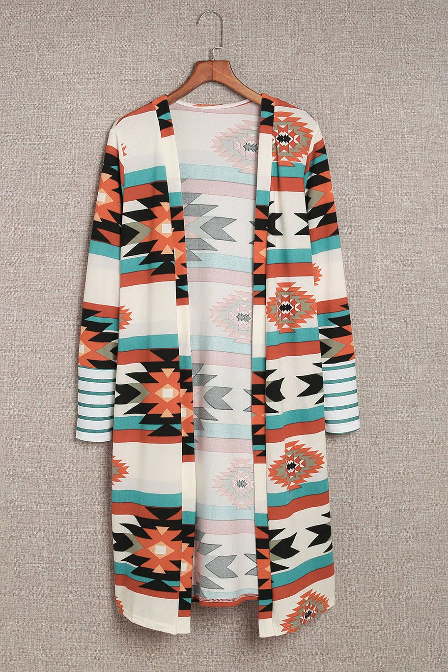 Multicolor Geometric Color Block Open Front Long Cardigan - Chic Meadow Boutique 