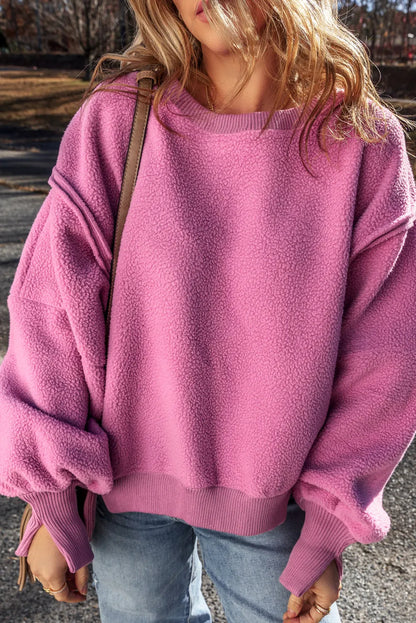 Bright Pink Sherpa Seamed Drop Shoulder Oversized Sweatshirt - Chic Meadow Boutique 