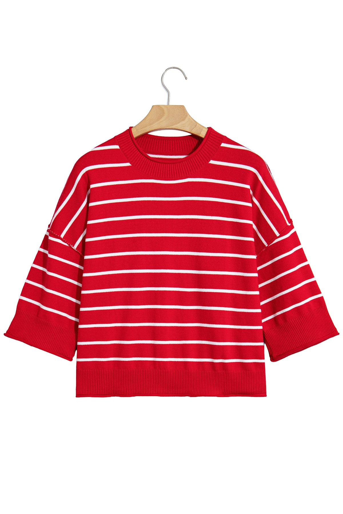 Red Stripe Dropped Shoulder Half Sleeve Relaxed Knit Sweater