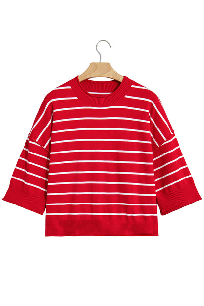 Red Stripe Dropped Shoulder Half Sleeve Relaxed Knit Sweater
