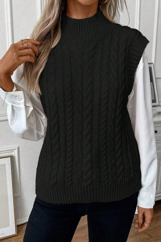 Black Cable Knit High Neck Sweater Vest - Chic Meadow Boutique 