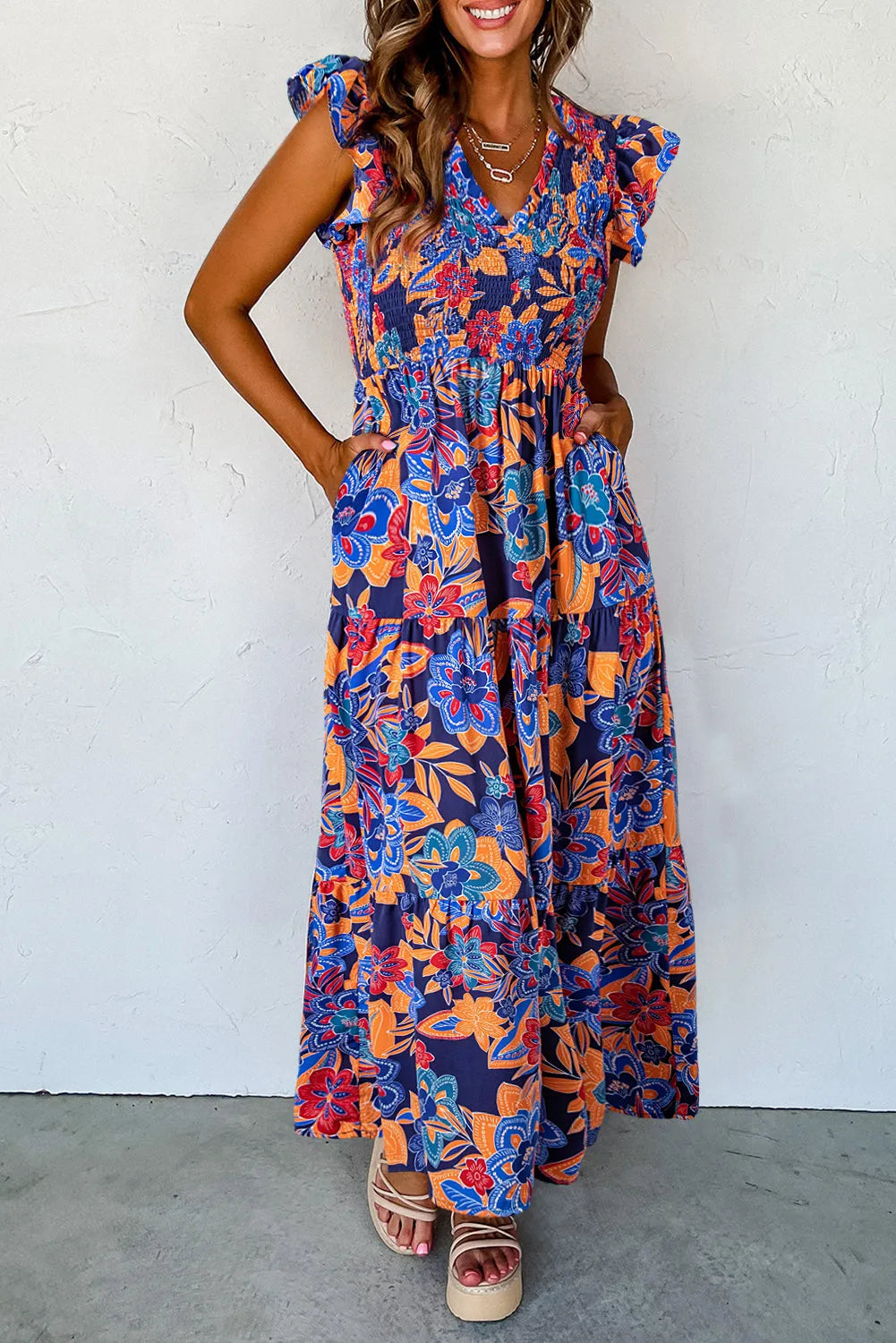 Dark Blue Boho Floral V Neck Ruffle Tiered Long Dress - Chic Meadow Boutique 