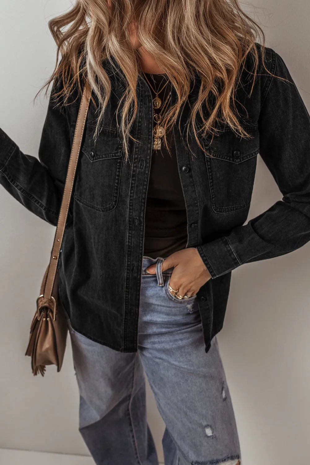 Black Flap Pocket Buttons Collared Jean Jacket - Chic Meadow Boutique 