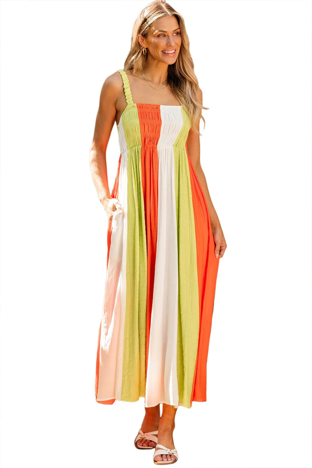 Green Color Block Shirred High Waist Fit and Flare Maxi Dress - Chic Meadow Boutique 