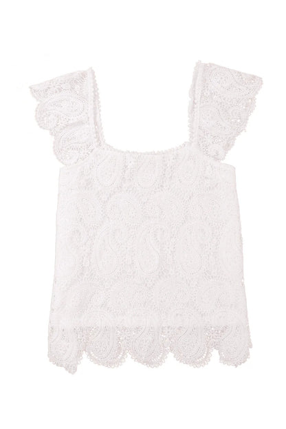 White Lace Crochet Ruffled Square Neck Tank Top - Chic Meadow Boutique 