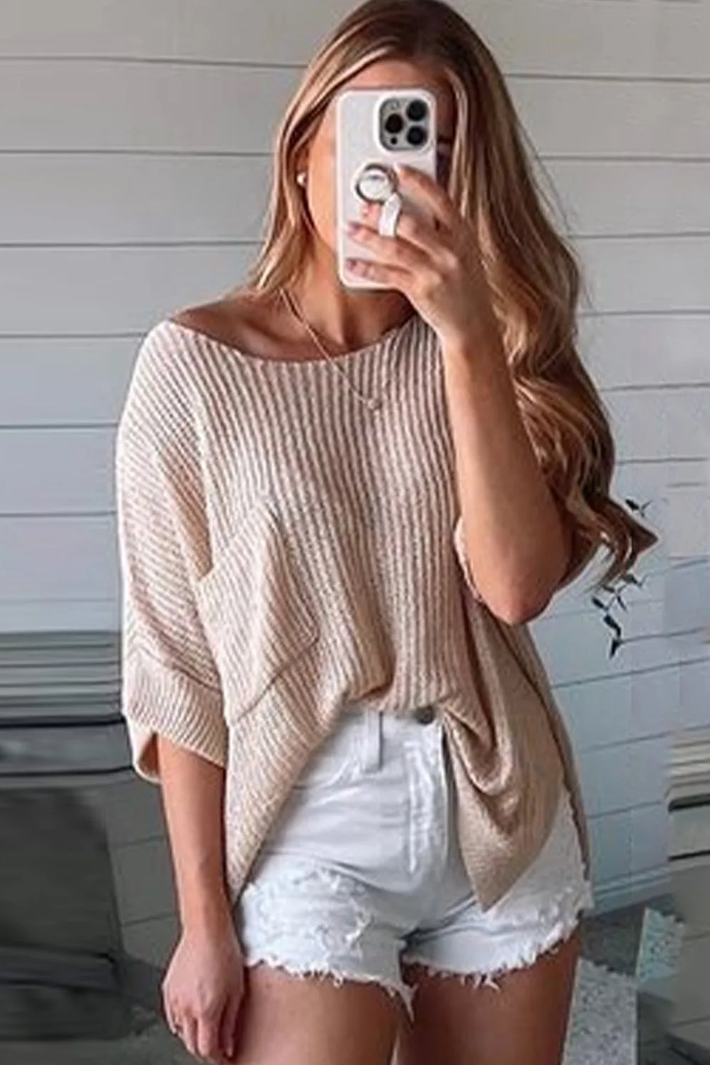 Apricot Loose Fit Split Pocket Half Sleeve Knitted Top - Chic Meadow Boutique 