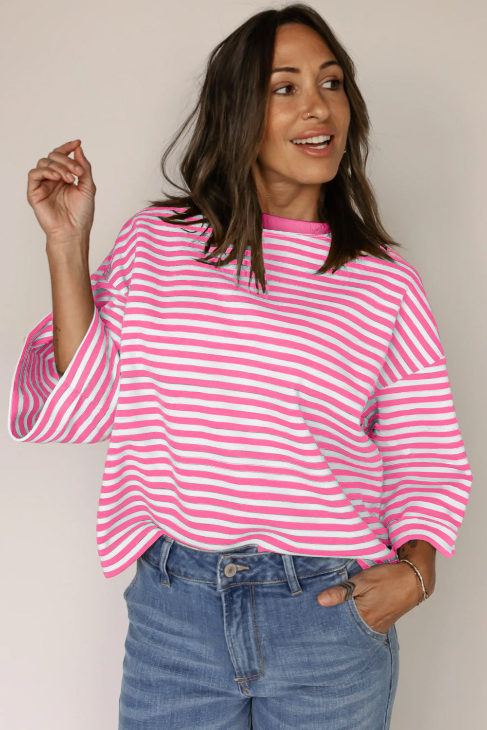 Pink Stripe Bowknot Cutout Back Drop Shoulder Wide Bracelet Sleeve Loose Tee