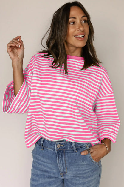 Pink Stripe Bowknot Cutout Back Drop Shoulder Wide Bracelet Sleeve Loose Tee