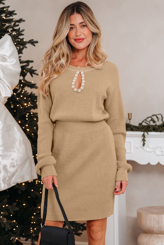 Smoke Gray Pearl Embellished Keyhole Ribbed Sweater Dress