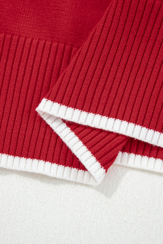 Fiery Red Contrast Trim Big Bow Accent Holiday Cropped Sweater