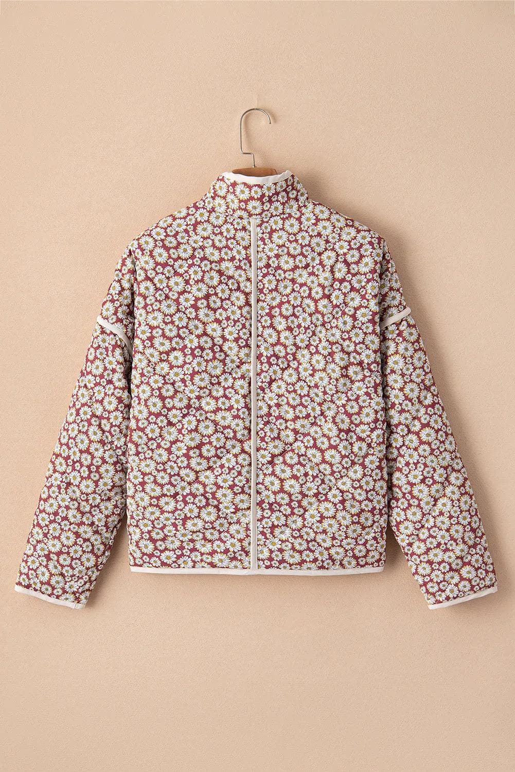 Outerwear/Coats Pink Floral Print Contrast Edge Stand Neck Coat