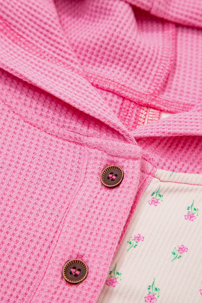 Pink Mixed Texture Waffle Floral Patchwork Hooded Oversize Pullover