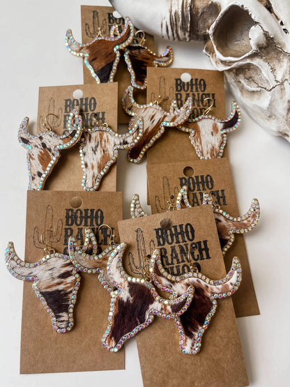 Western Cowhide Bling Steer Longhorn Earrings - Chic Meadow Boutique 