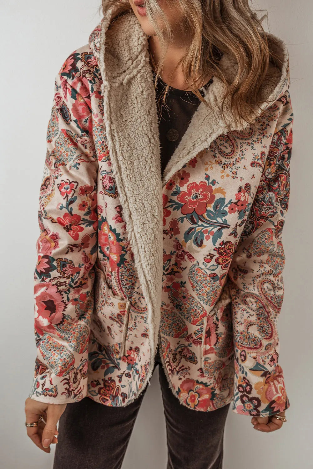 Beige Vintage Paisley Floral Printed Sherpa Lined Hooded Jacket - Chic Meadow Boutique 