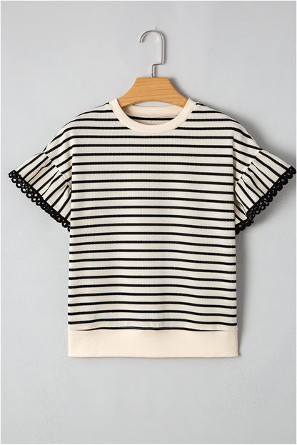 Black Stripe Scallop Lace Trim Ruffle Short Sleeves Crewneck Top