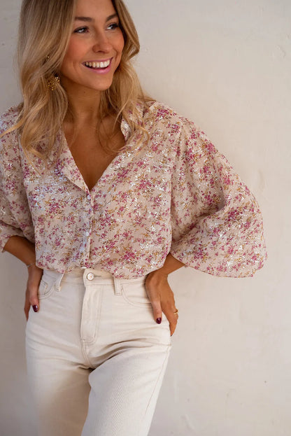 Pink Floral Print Bishop Sleeve Collared V Neck Shirt - Chic Meadow Boutique 