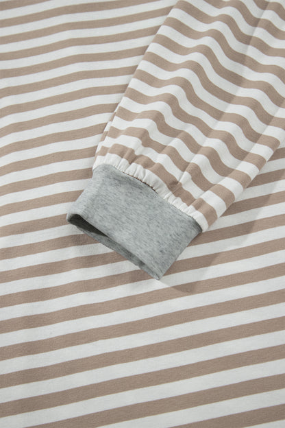 Khaki Stripe Striped Colorblock Cuffs Round Neck Long Sleeve Shift Dress