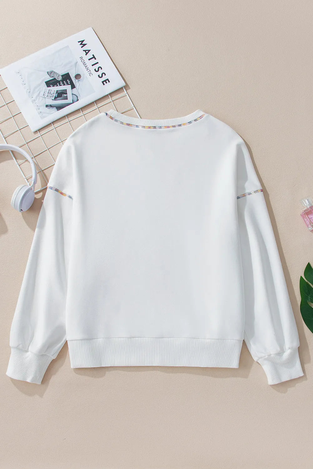 White Contrast Rainbow Trim Drop Shoulder Pullover Sweatshirt - Chic Meadow Boutique 