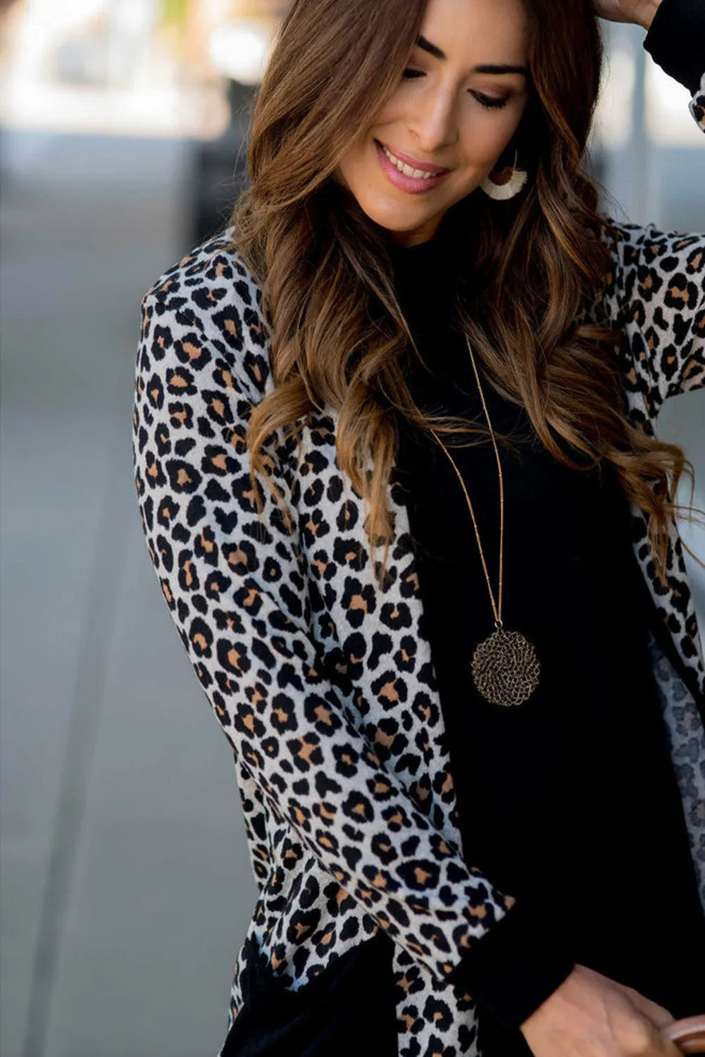 Black Leopard Patched Pocket Open Front Cardigan - Chic Meadow Boutique 